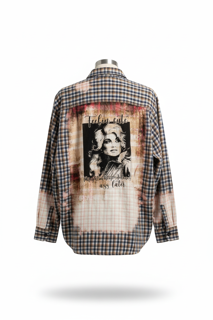 Trestles Clothing Company oversized bleached flannel with a vintage Dolly Parton graphic print on the back